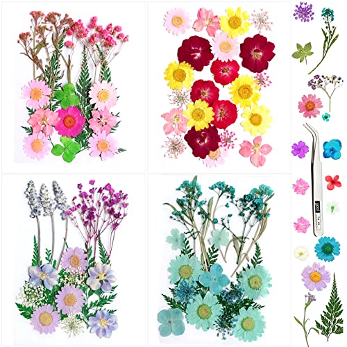 SPOKKI 82PCS Real Dried Flowers for Resin, Colourful Natural Dried Pressed Flowers and Leaves with Tweezers for Candles Jewellery Scrapbooking Resin Crafts Nails Art (Flower Set)
