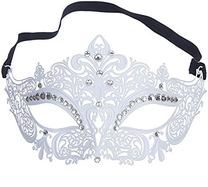 Women's Antique Hollow Out Crown Mask Metal Venetian Masquerade Mask (White)