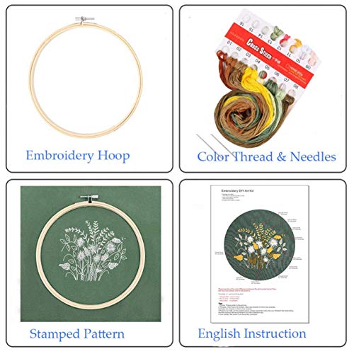3 Pack Embroidery Starter Kit with Pattern and Instructions,Cross Stitch Set, Full Range of Stamped Embroidery Kits with 3 Embroidery Clothes with Plants Flowers Pattern, 1 Embroidery Hoops