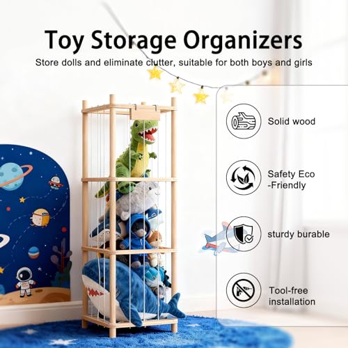 Stuffed Animal Organizer with Elastic Band, Zoo Plush Toy Storage Holder for Nursery, Toddler Room, Playroom, Bedroom, Wooden 40 * 40 * 136Cm