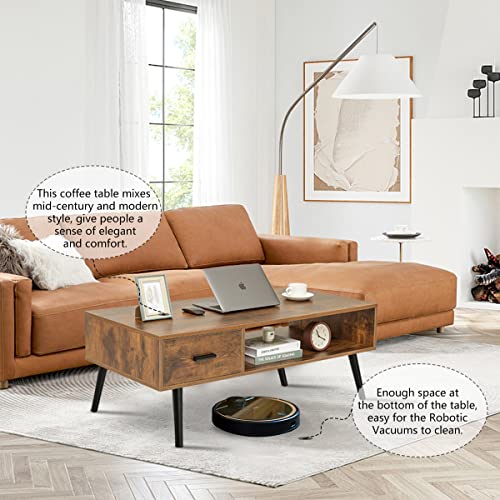 Iwell Mid Century Coffee Table with Drawer and Storage Shelf for Living