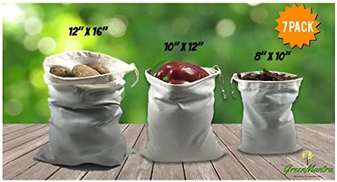 GREENMANTRA Cotton Muslin Produce Bags | Set of 7 Heavy Duty Produce Bags vegetable Bags With Cotton Drawstring | 8x10 (s) 3 Piece, 10x12 (M) 2 Piece &amp; 12x16 (L) 2 Piece