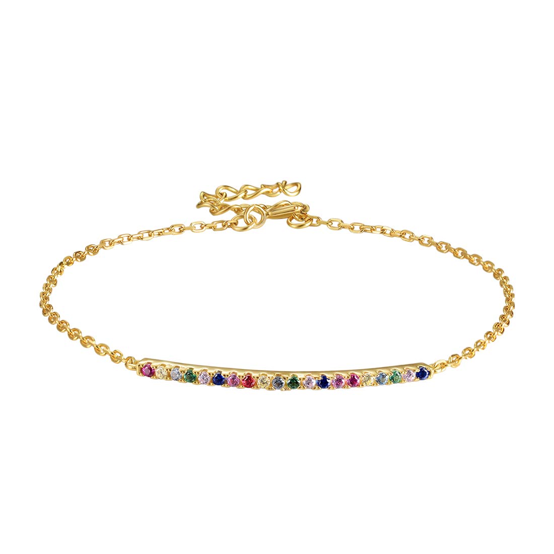 E 925 Sterling Silver Rainbow Chian Bracelets for Women, 18K Gold Plated with Cubic Zirconia, Simple Adjustable Chain
