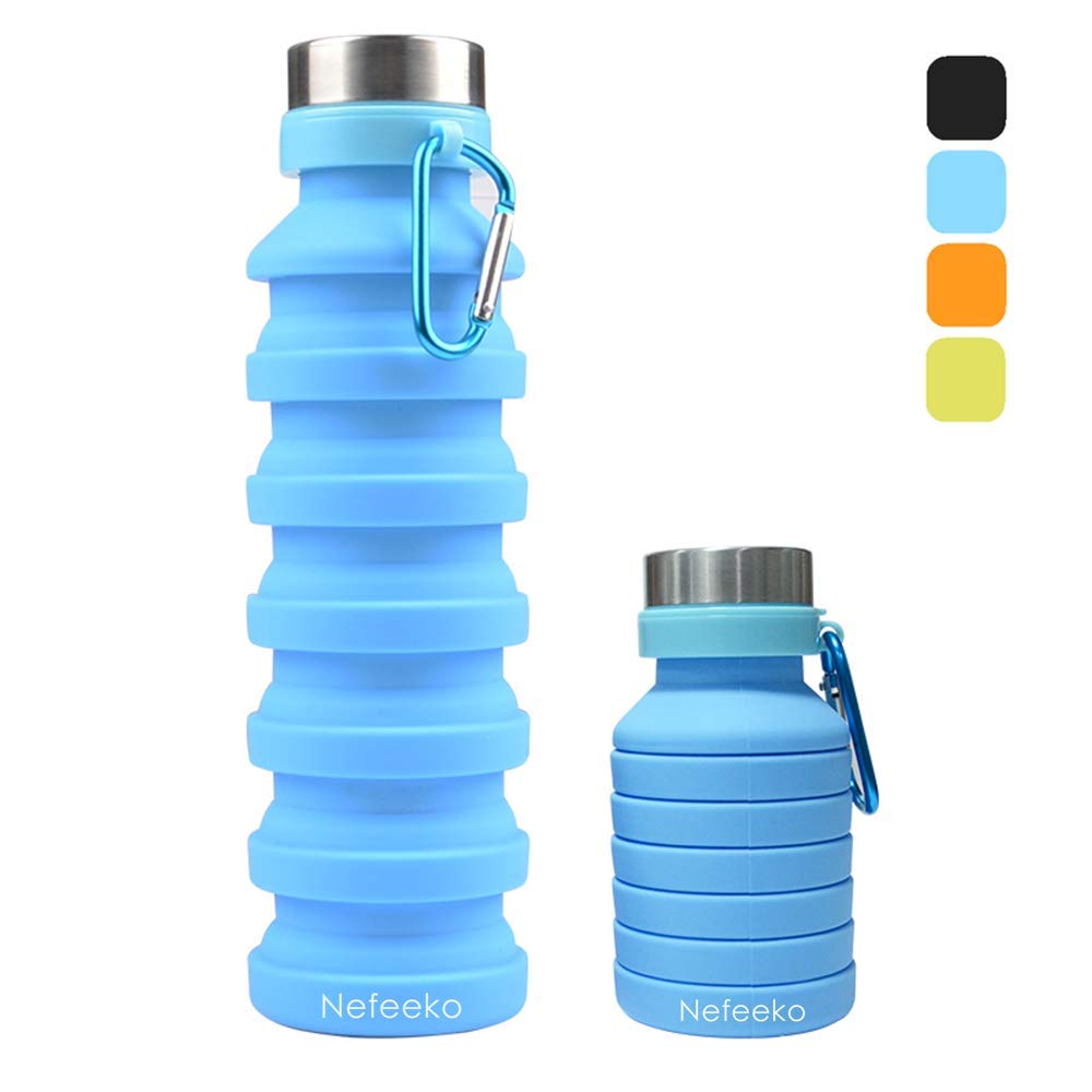 Nefeeko Collapsible Water Bottle, Reuseable BPA Free Silicone Foldable Water Bottles for Travel Gym Camping Hiking, Portable Leak Proof Sports Water Bottle with Carabiner, 18oz