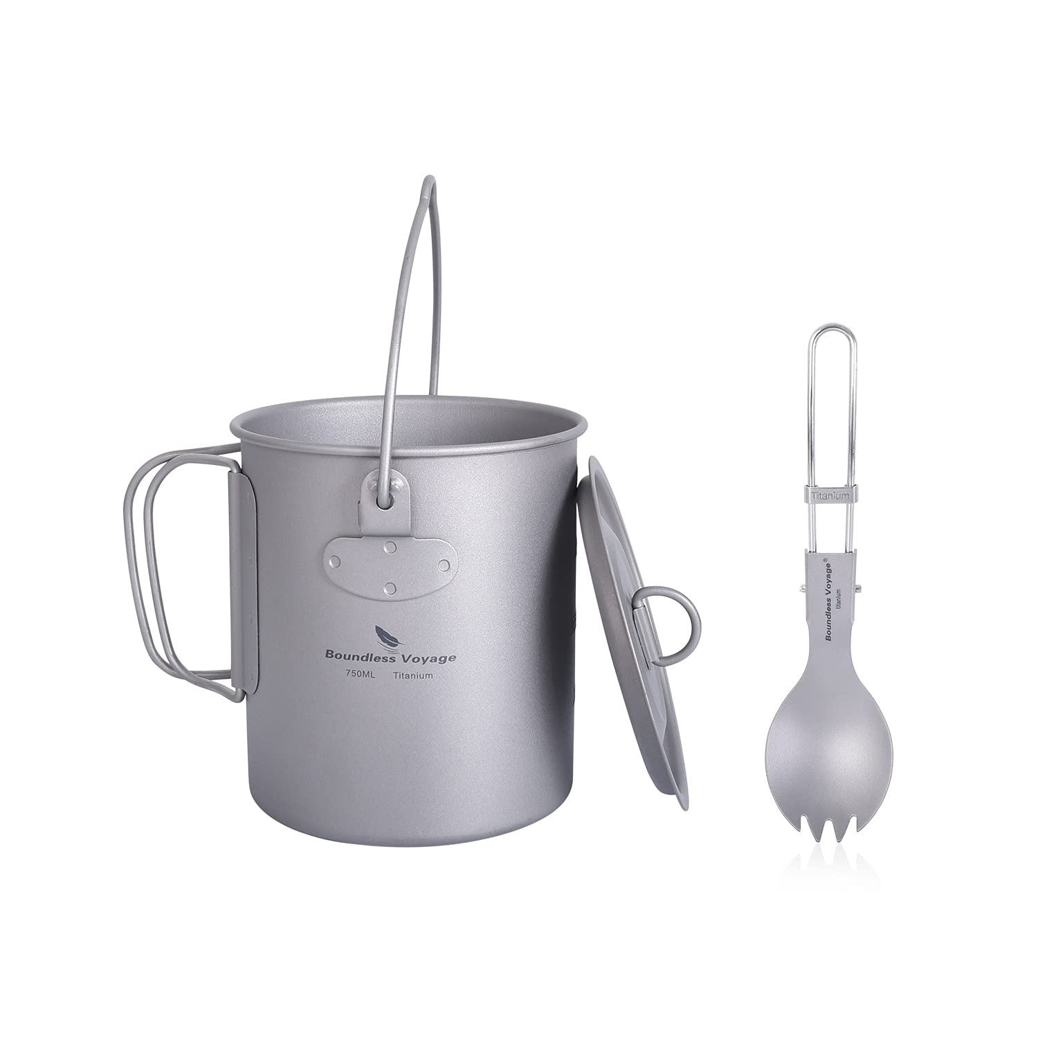 Boundless Voyage Outdoor 750ml Titanium Pot with Lid Folding Bail Handle Camping Hiking Picnic Ultralight Portable Water Bottle Cup Mug Spork Set