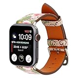 Luxury Leather Watch Band Strap Elegant Blooms Print Wristband Dressy Bracelet Compatible with 40mm 38mm Apple Watch Series 4/3/2/1 (Khaki/Pink)
