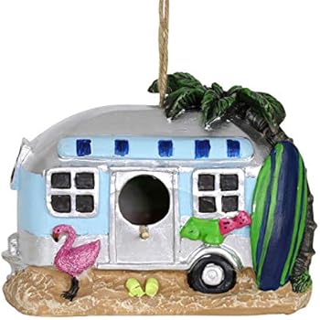 Exhart Retro RV Bus Bird House - Florida Flamingo Vintage Bus Mini House for Birds with Rope - Hanging Retro Camper Birdhouse Decor - Best as Tropical Outdoor Decor for Garden, Porch, and Yard, 8