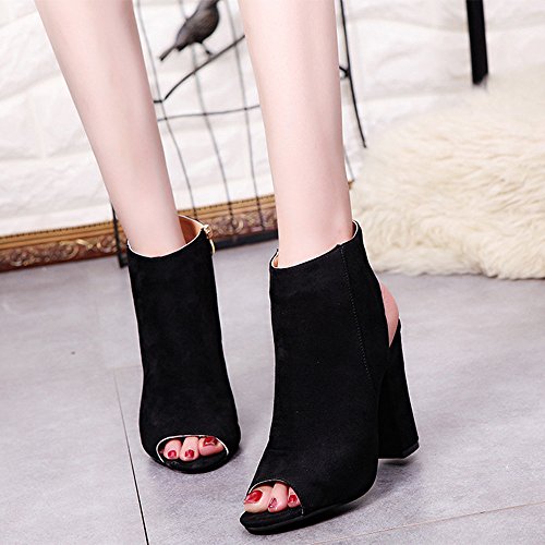 Kauneus Women's Zip up Cutout Chunky Stacked Heels Ankle Booties Fisherman Sandals Black