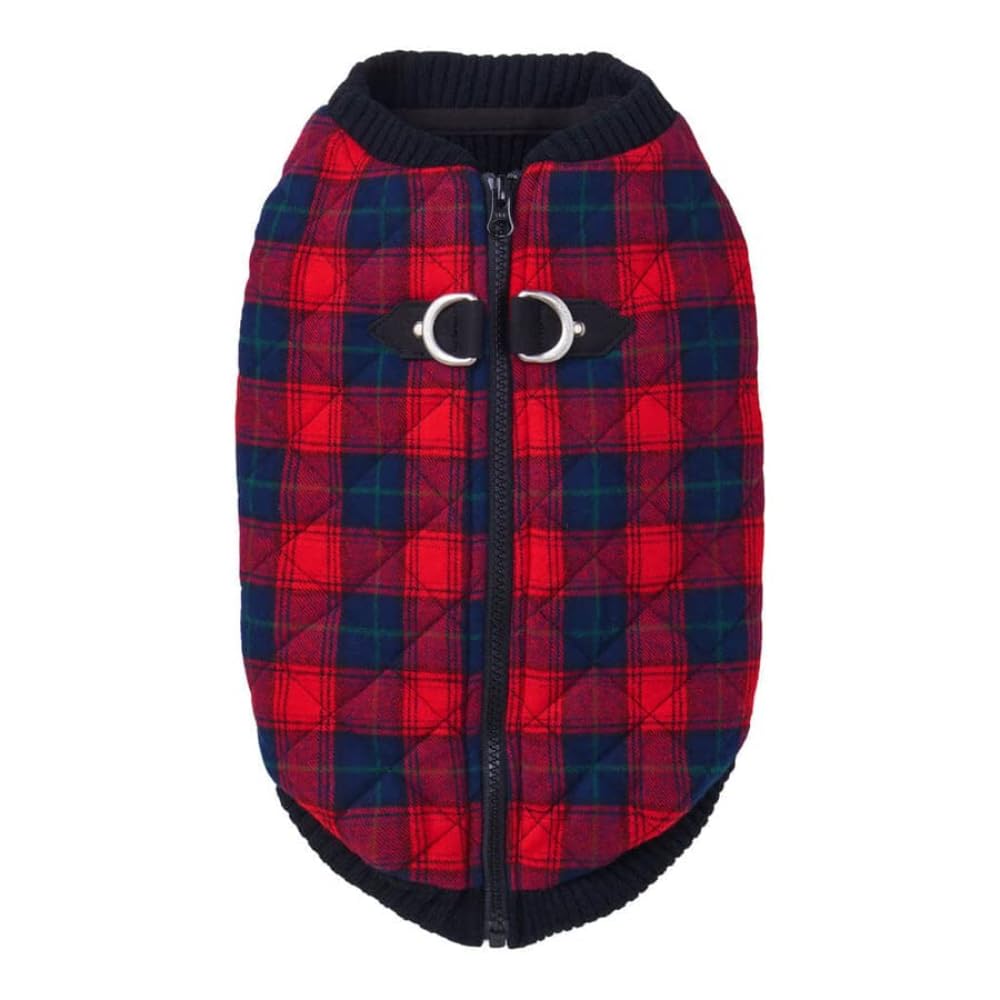Gooby Fashion Vest - Check Dog Jacket - Red Check, Medium - Warm Zip Up Bomber Vest with D Ring Leash - Winter Water Resistant Small Dog Sweater