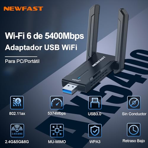 NEWFAST 5400Mbps USB WiFi Adapter for PC WiFi6E Adapter, USB3.0 Wi-Fi 6 for PC 6GHz/5GHz/2.4GHz USB WiFi Antenna Compatible Windows 11/10, MU-MIMO