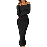 MEROKEETY Women's Winter Off Shoulder Bodycon Sweater Dress 2026 Spring Formal Long Sleeve Elegant Club Party Midi Dresses