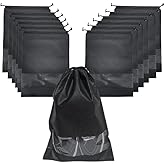 Travel Shoe Bag for Packing in Suitcase, Organizing & Storage (12 Pack) - Reusable Dustproof & Water Resistant Pouch Protectors for Accessories, Laundry & Toys with Clear Window & Drawstrings. (Black)
