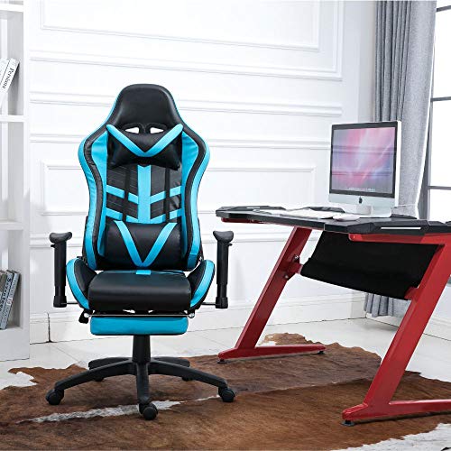 Samincom High Back Large Size PU Leather Gaming Chair Racing Style Chair Office Chair Executive and Ergonomic Style Swivel Chair with Extra Soft Headrest & Lumbar Cushion & Footrest (Black/Lake Blue)