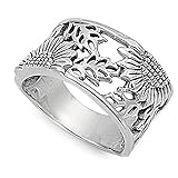 Sterling Silver Women's Sunflower Ring Flower 925 Wide Band 14mm Sizes 5-10