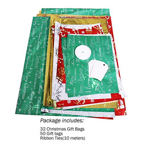 Christmas Gift Bags, 32Pcs Santa Wrapping Gift Bag in 4 Sizes and 4 Designs with Ribbon Ties and Tags for Wrapping Holiday Gifts