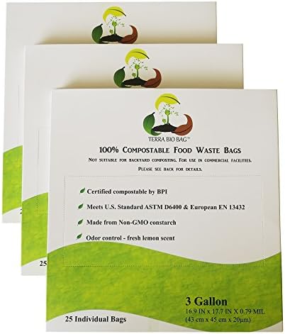 Terra Bio Bag 100% Compostable Bags, 3 Gallon, 25 Count (Pack of 3), BPI Certified, Biodegradable Trash Bags | Food Compost Bags