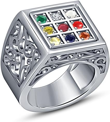 TVS-JEWELS White Platinum Plated 925 Sterling Beauty Navratna Band Ring Mutli CZ Round Cut For Women's (5)