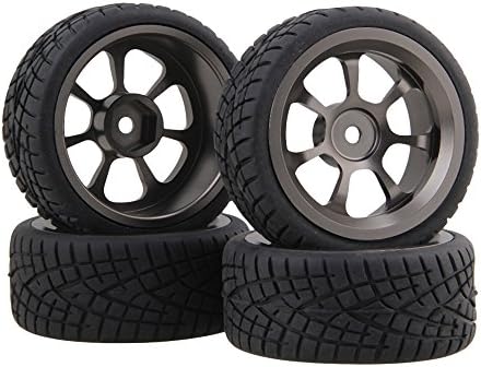 BQLZR Black Fish Pattern Rubber Tires with Grey Aluminum Alloy 7 Spokes Wheel Rim for RC 1:10 On-Road Racing Car Pack of 4