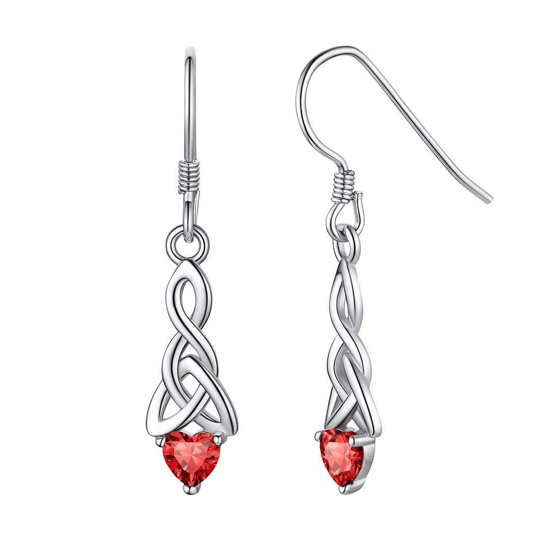 ChicSilver 925 Silver Earrings Dangly Celtic Knot Heart Stone Earrings for Women Sterling Silver July Ruby Birthstone Jewellery for Mom Grandma