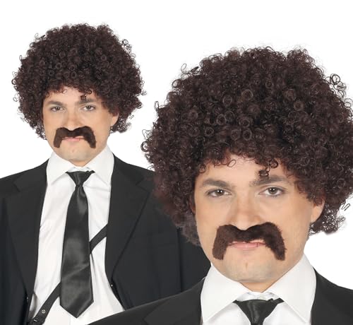 Perruque et Moustache Frisées Châtain