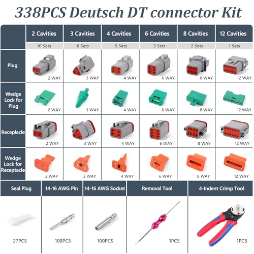 Newdeli 338 pcs Deustch Connector Kit 2 3 4 6 8 12 Pin Connectors with Deutsch Crimping Tool and DT Connector Removal Tool Size 16 Solid Terminal Contacts(14-20AWG)