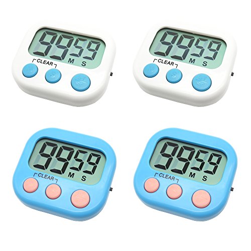 4 Pack Digital Kitchen Timer Magnetic Back Big LCD Display Loud Alarm Minute Second Count Up Countdown With ON/OFF Switch For Kitchen, Homework, Exercise, Game(2 White & 2 Blue) - Thumbnail 7