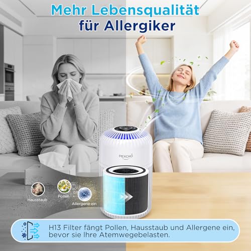 PEXCHO Air Purifier for Allergy Sufferers, Upgrade 4-in-1 HEPA Filter, Air Filter with App Control, Timer, Aromatherapy, Removes 99.97% Allergens, Pet Hair, 12 W Air Filter for Bedroom, Office