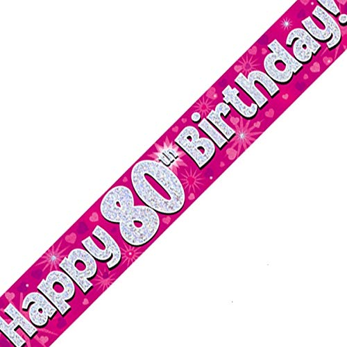 British Ballet® 80th Happy Birthday Banner Pink (2.7m x 13cm) • Decoration for Grandma’s 80th Birthday • Holographic Design • Birthday Supply • Foil Pennant for Indoor & Outdoor Use
