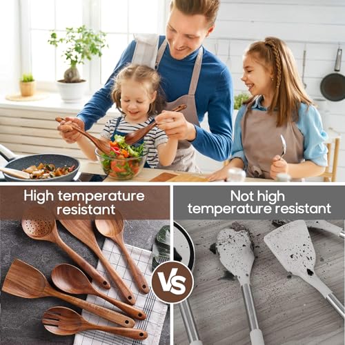Cucharas de Madera para Cocina, Juego de Utensilios de Cocina Teca, Espátula,Tenedor para Ensalada,Cuchara, Colador y Cuchara para Pasta, Adecuado para Cocinas y Comedores, 5 Piezas