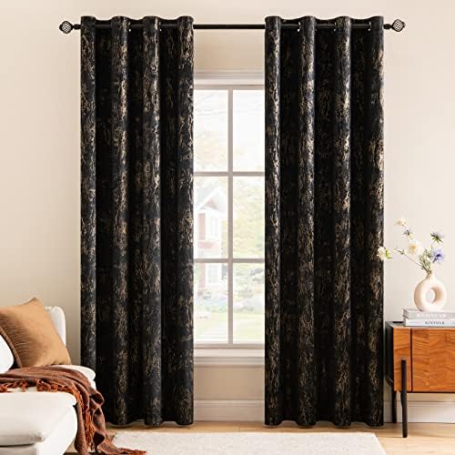 MIULEE Black Velvet Curtains with Gold Foil,2 Panel Set 72 Inch Drop Curtains,Blackout Curtains Bedroom Super Soft Thermal Insulated Eyelet Blackout Curtains for Living Room 46 x 72 Inch — image 1