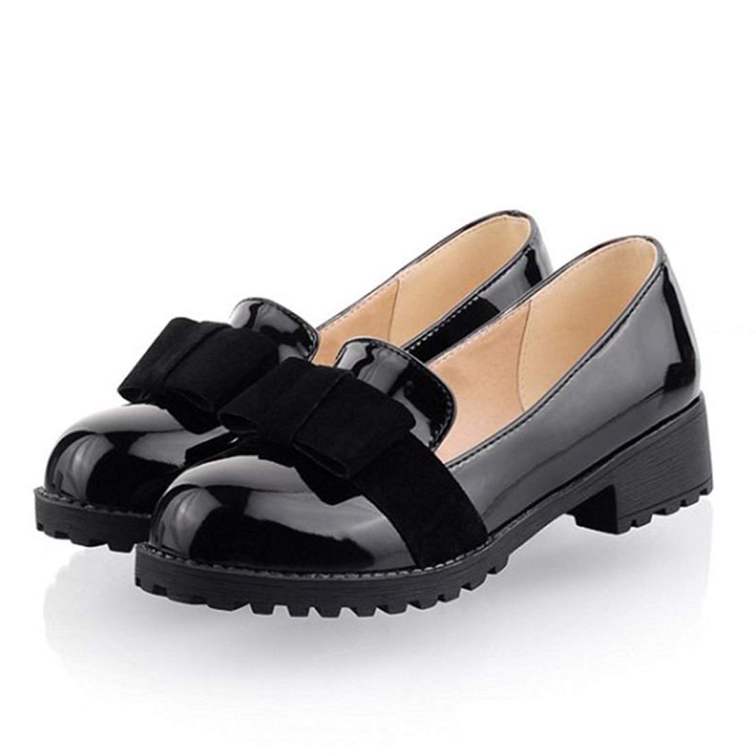 Susanny Women's Round Toe Patent Leather Slip on Shoes Sweet Bow Mid Heel Oxfords Loafers Shoes