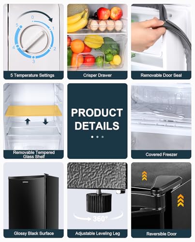 Upstreman 3.2 Cu.Ft Mini Fridge with Freezer, Single Door Mini Fridge, Dorm Fridge, Adjustable Thermostat, Mini Refrigerator for Bedroom, Office, Dorm, Black-BR321