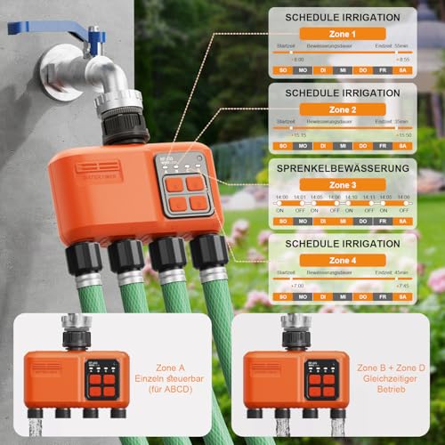 XinFuture Irrigation Computer WLAN 4 Outputs with 300 m RF, Strong Wall Penetration, Automatic Smart Watering Clock with APP/Voice Control, Irrigation System Rain Delay for Garden