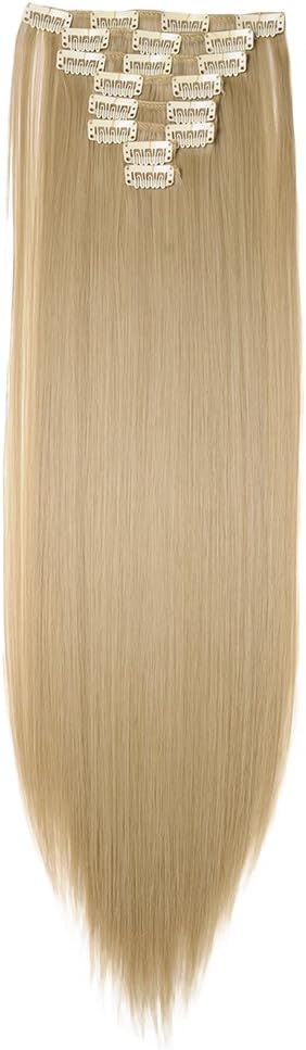 Clip in Full Head Hair Extensions 8 pieces/set Human Made Synthetic Fibre Natural Long Thick Hair Pieces Hairpiece Standard Weft Hair Extension - 23 inch Straight ash blonde mix bleach blonde