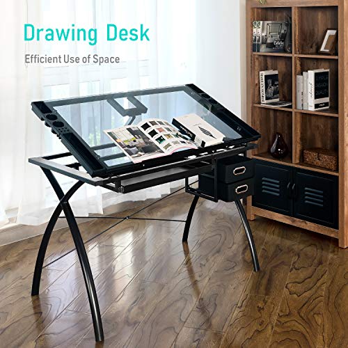 BAHOM Adjustable Drafting Table Glass Top, Art Drawing Craft Desk with 2 Drawers, Perfect for Artwork and Design, Black - Thumbnail 7