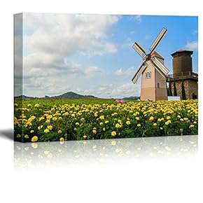 Canvas Prints Wall Art - Beautiful Scenery of Wind Turbine The Field with Yellow Flowers | Modern Wall Decor/Home Art Stretched Gallery Canvas Wraps Giclee Print & Ready to Hang - 12" x 18"