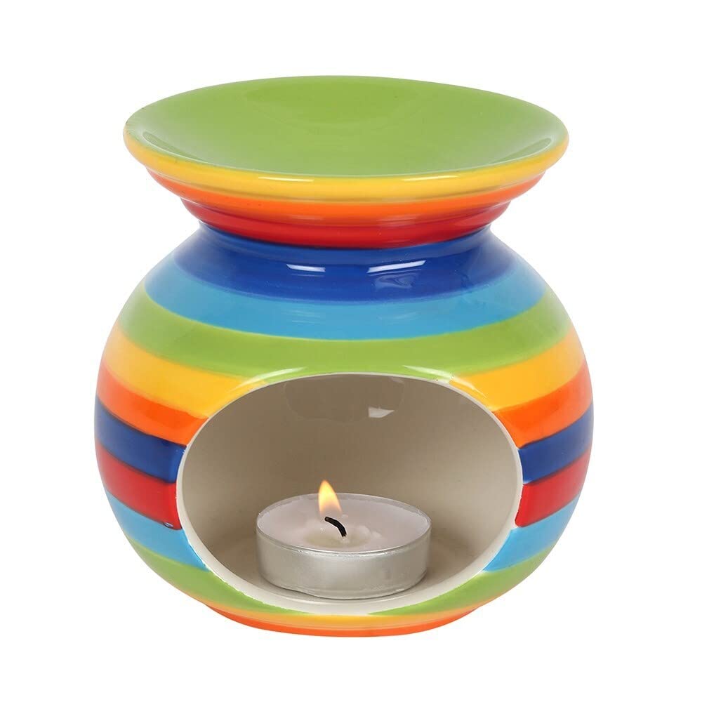 Stunning Rainbow Striped Ceramic Oil Burner - 14cm x 14cm (1 Pc.) - Premium Quality Material - Ideal for Aromatherapy, Home Decor Accent & Gift