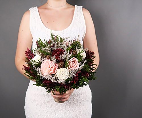 Big Ivory Burgundy Blush Pink Green Cypress Cedar Rose Bouquet Sola Flowers Burlap Lace
