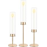 POKINE Gold Candle Holders Set of 3 for Glass Taper Candle Holders,Hurricane Candlestick Holder for Home Decor, Wedding, Dinning, Party Decorative, Anniversary (3,Gold)