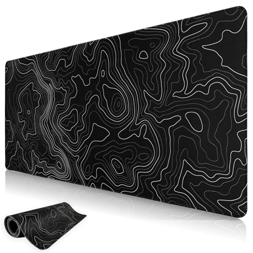 Niviy Mouse Mat XXL 900 x 400 mm Ergonomic Desk Mat for Office/Home, Non-Slip Rubber Base, Stitched Edges, Black Topographic Contour