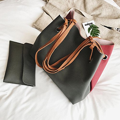 Women Leather Litchi Stria Handbag Bucket Bag Shoulder Bag+Messenger Bag (42cm(L)18cm(W)30cm(H), Dark Gray)