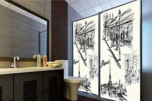 No Glue Static Cling Glass Sticker,Eiffel Tower Decor,Paris Sketch Style Cafe Restaurant Landmark Canal Boat Streetlamp Retro Art Print,Black White,39.37"H x 23.62"W for Home&Office