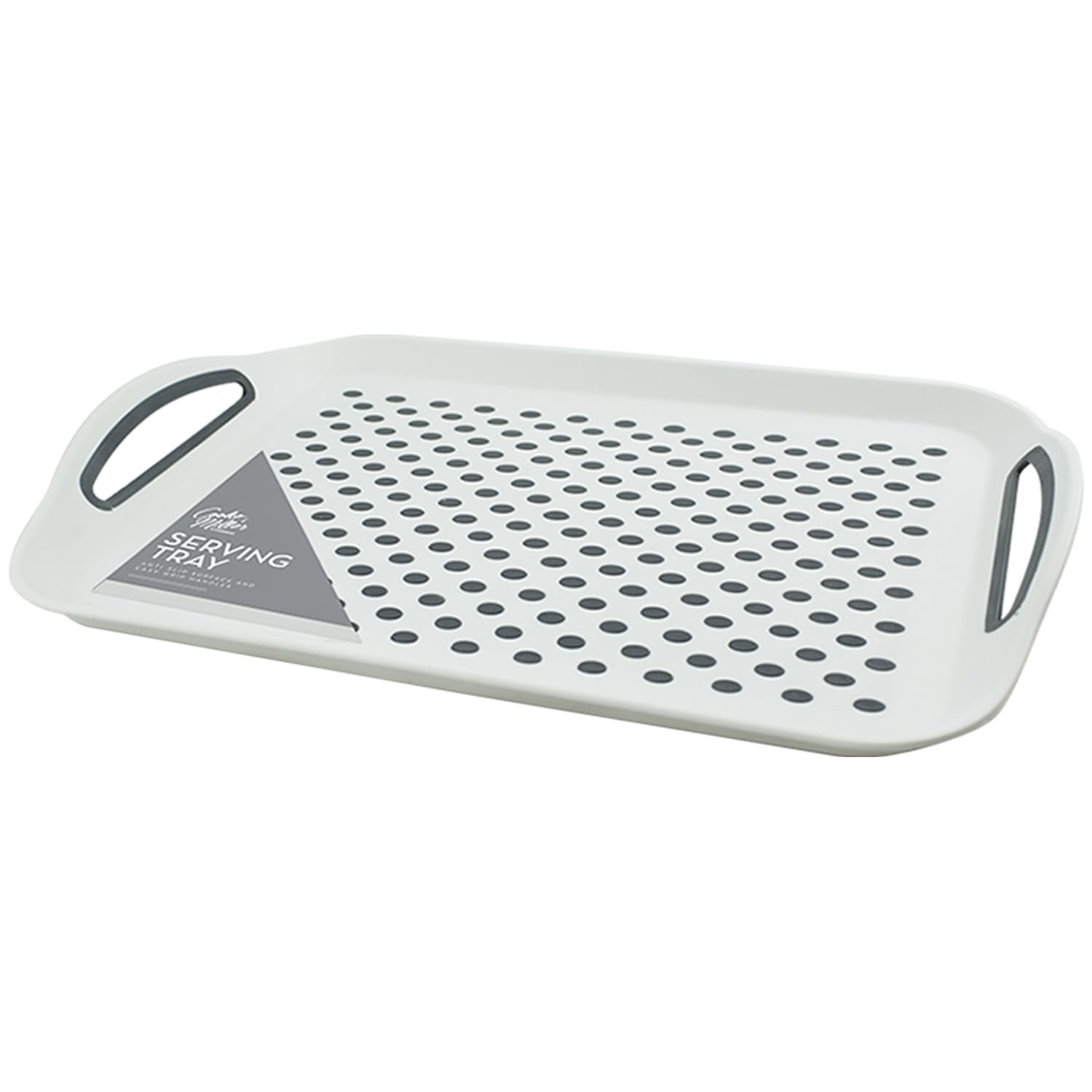 Tech Island Serving Tray, Anti-Slip Rectangular with Non-Slip Rubber on Top and Bottom Plastic Dinner/Drinks Reusable Serving Trays, Easy Grip Handles Ideal for Home Breakfast, party (White)