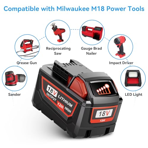 M2CSMK High Output 12.0Ah Replacement for Milwaukee M18 Battery 48-11-1890 48-11-1880 48-11-1860 48-11-1852, M18 Battery Compatible with All Milwaukee 18V Cordless Power Tools (2 Pack)