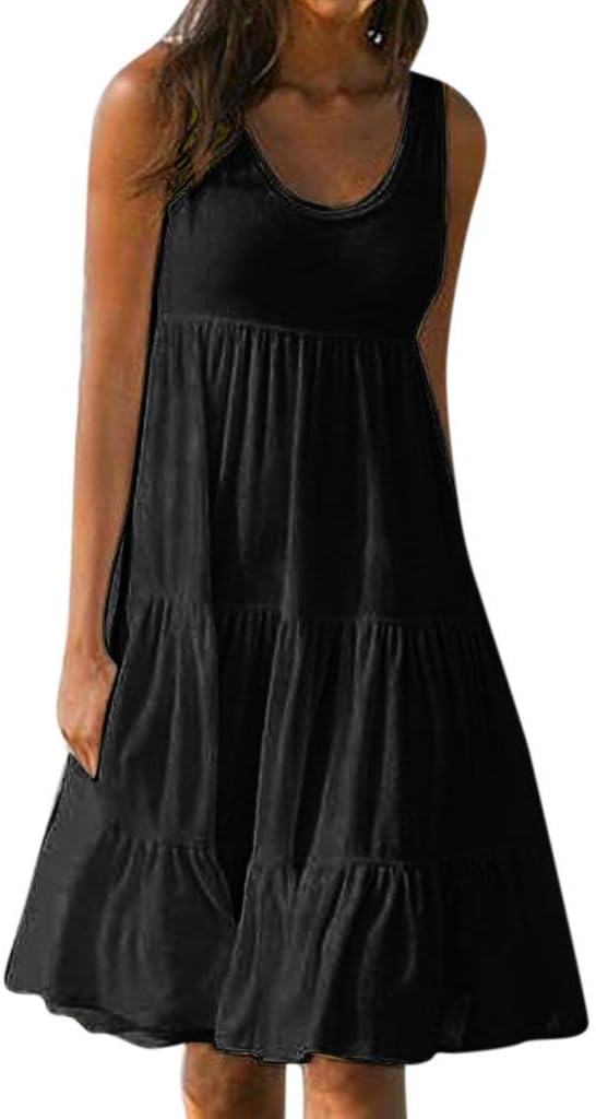 Women's Casual Bohemian Sleeveless Printed Tiered Knee Length Dress Party Dress Skirt
