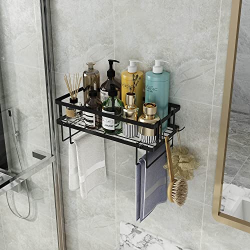 Bathroom Organizer Over The Toilet Storage Shelf, Iron Restroom Organizers with Hanging Hook & Adhesive Base, No Drilling Space Saver with Wall Mounting Design (Black)