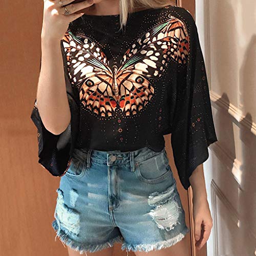 Fainosmny Women Butterfly Printed T Shirt Tops Blouse Half Sleeve Tops Shirt Work Pullover T Shirts Back to School Black - Thumbnail 5