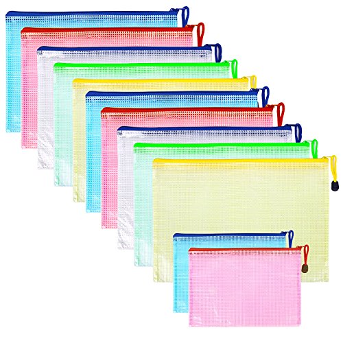 12Pcs 5 Colors A4 (White, Blue, Yellow, Red, Green) and A5 (Red, Blue) Plastic Zip File Paper Document Folder Bags Storage Pouch