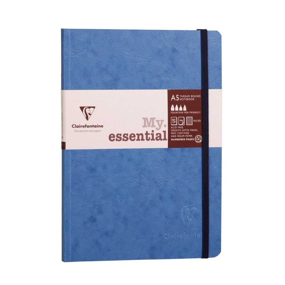 Clairefontaine 793434C Collection Age Bag Stitched MyEssential Notebook Blue - A5 14,8x21cm - 192 DOT Numbered Pages - Paper Ivory 90g - Leather Cover