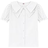 LIONJIE Girls Short Sleeve Peter Pan Blouse Puff Sleeve Button Down Shirt School Uniform Blouse 3-12 Years